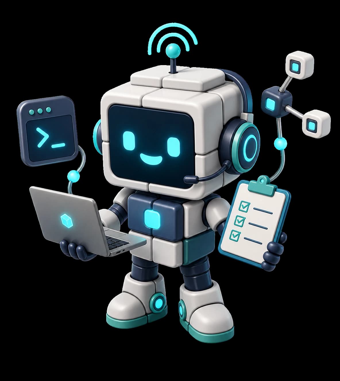 Friendly AI cube agent holding a laptop and automation checklist
